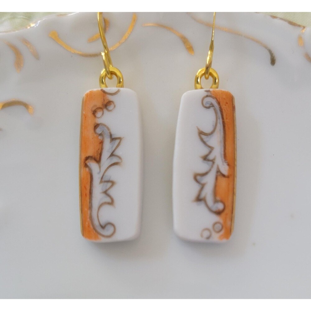 Upcycled Porcelain Bar Earrings Gold Plated Hooks Repurposed China Jewelry